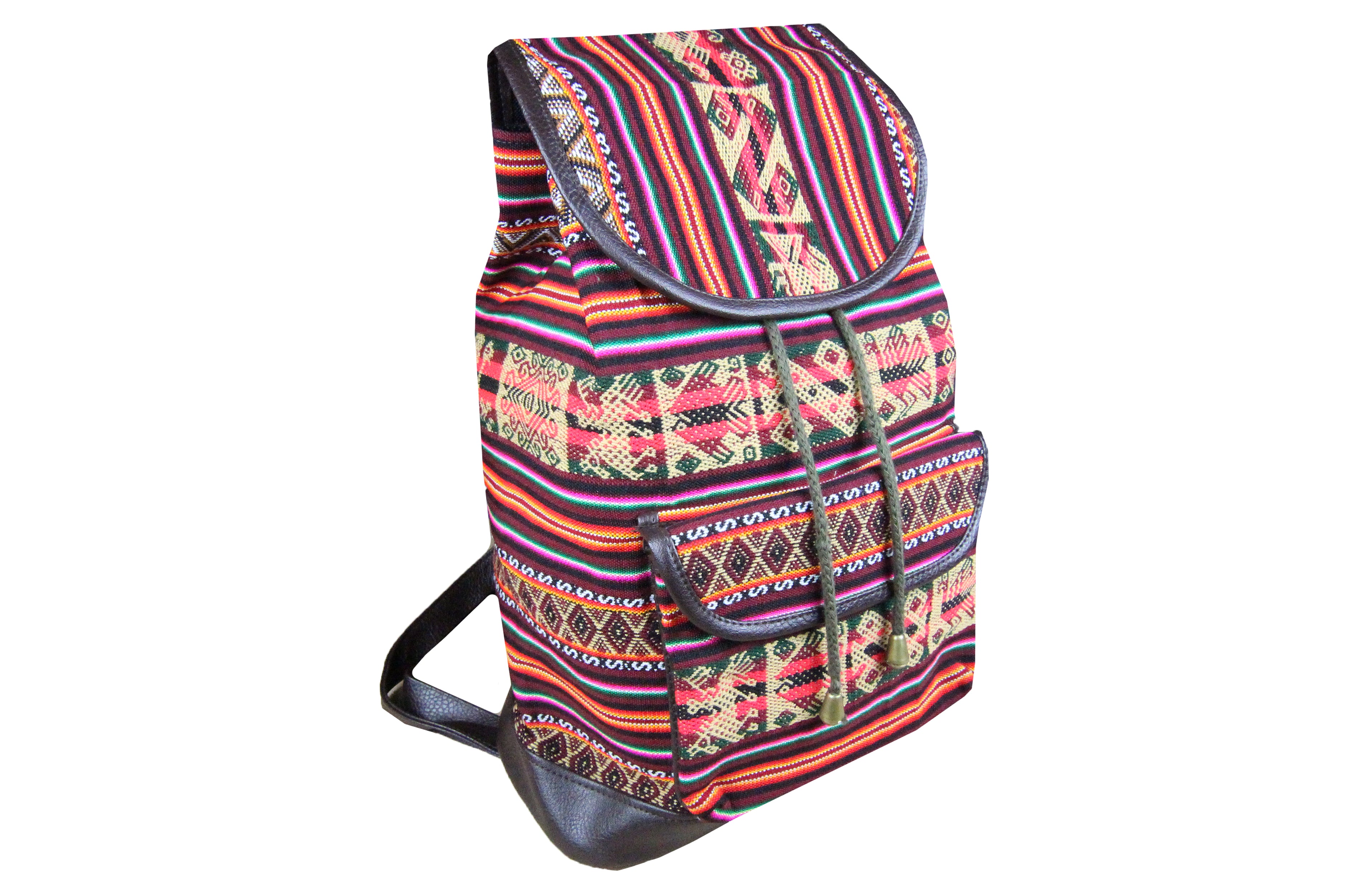 Ethno Rucksack Backpack aus Stoff und Leder Peru Hippie Boho Aguayo Inka