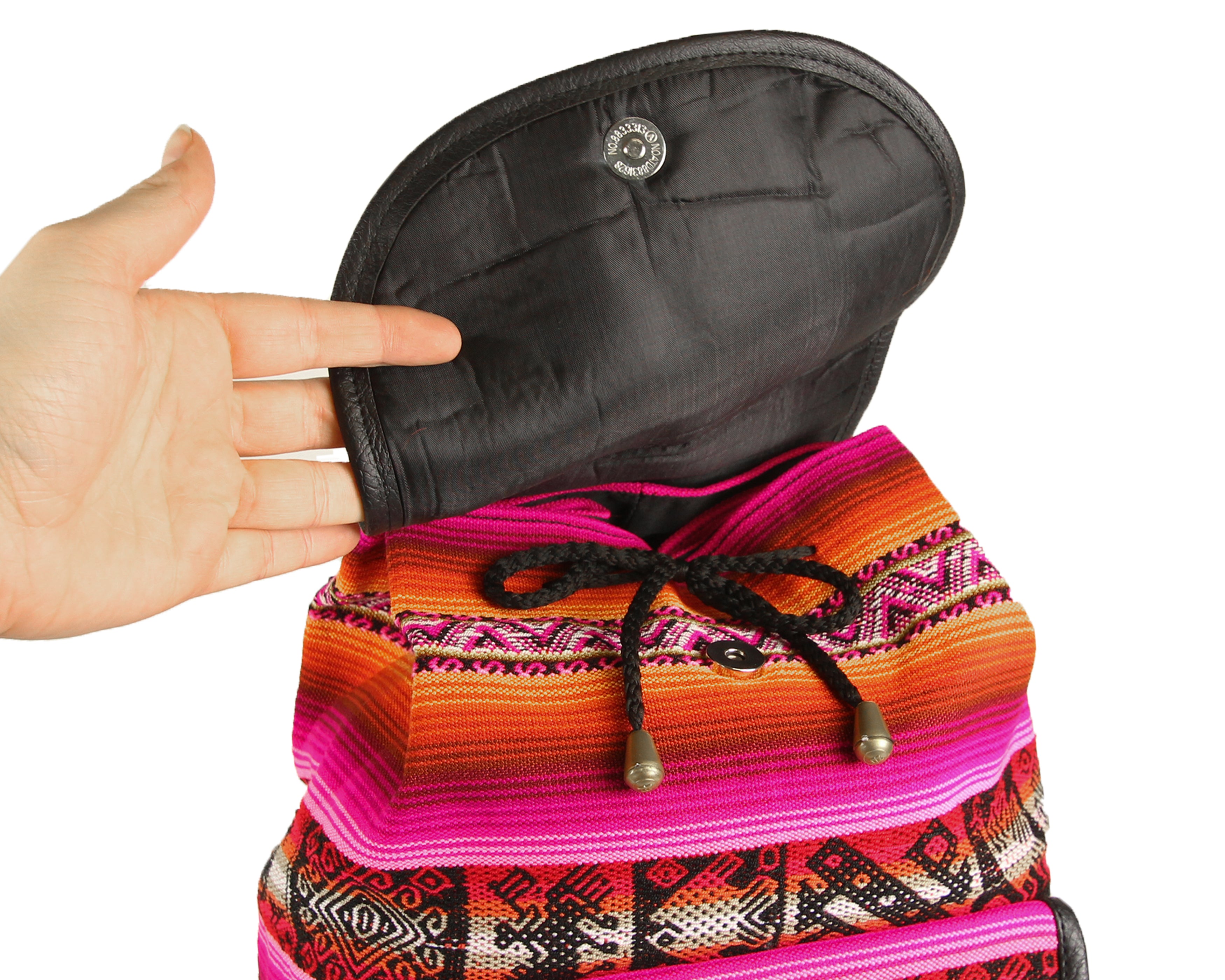 Ethno Rucksack Backpack aus Stoff und Leder Peru Hippie Boho Aguayo Inka Rosa