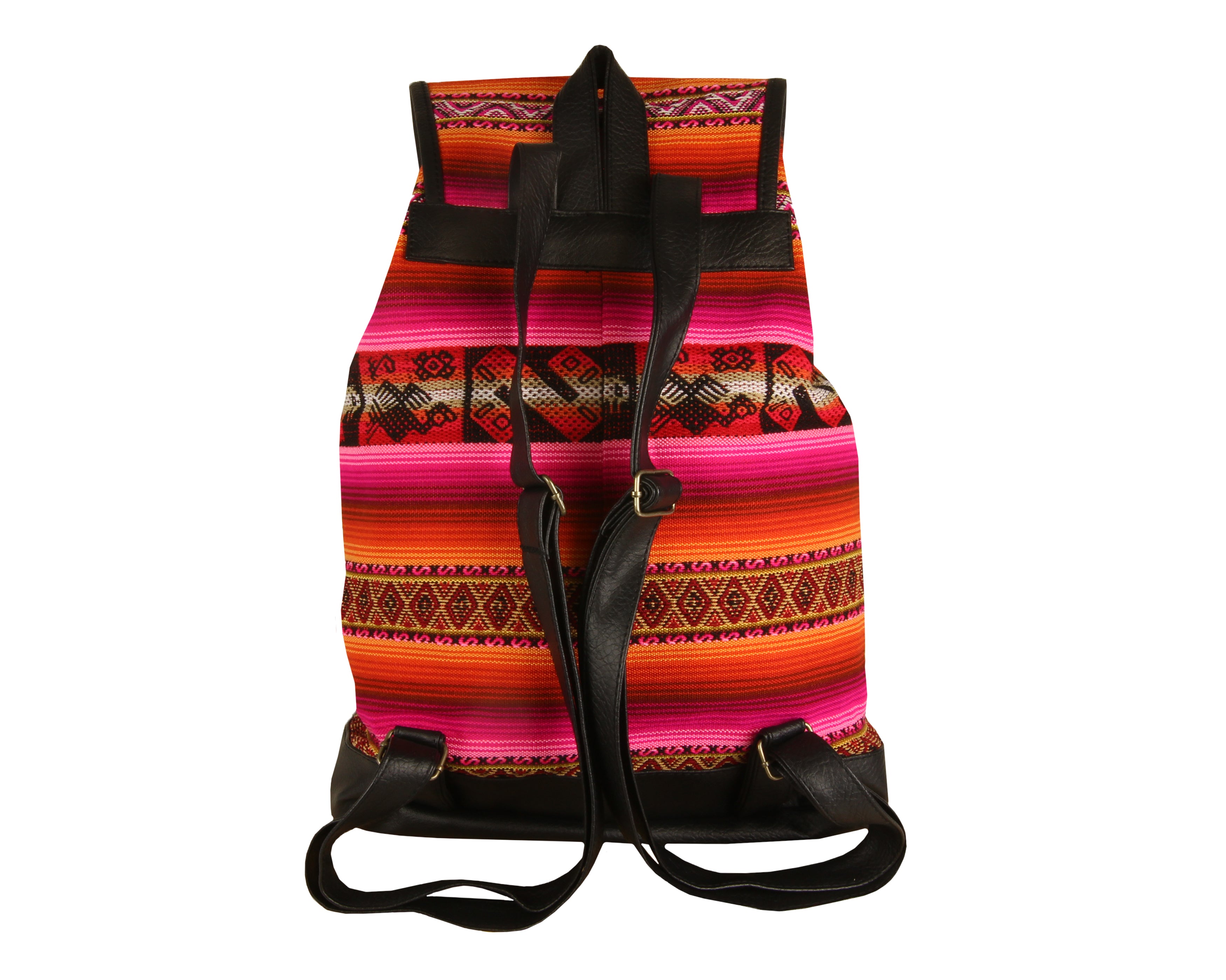 Ethno Rucksack Backpack aus Stoff und Leder Peru Hippie Boho Aguayo Inka Rosa