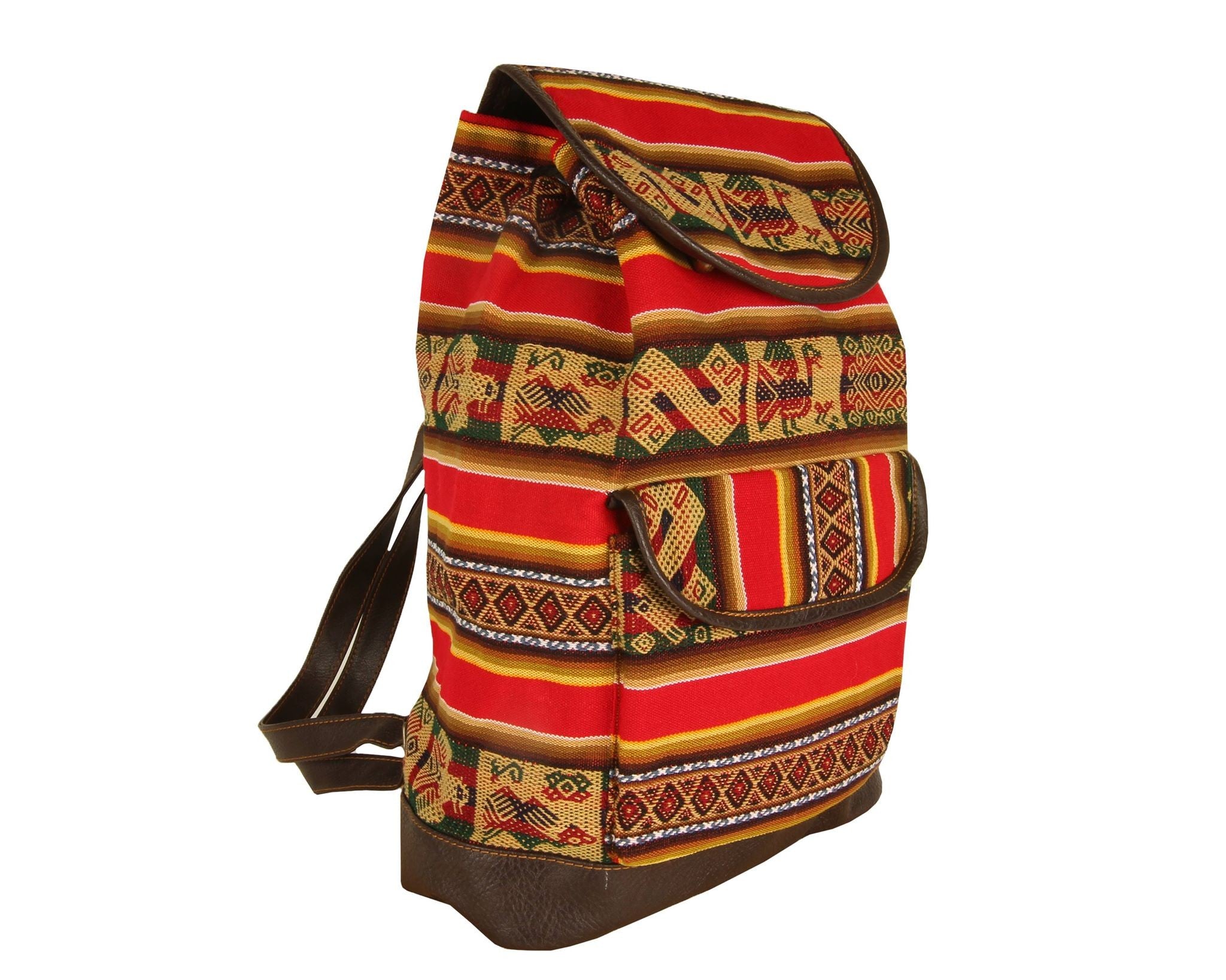 Ethno Rucksack Backpack aus Stoff und Leder Peru Hippie Boho Aguayo Inka