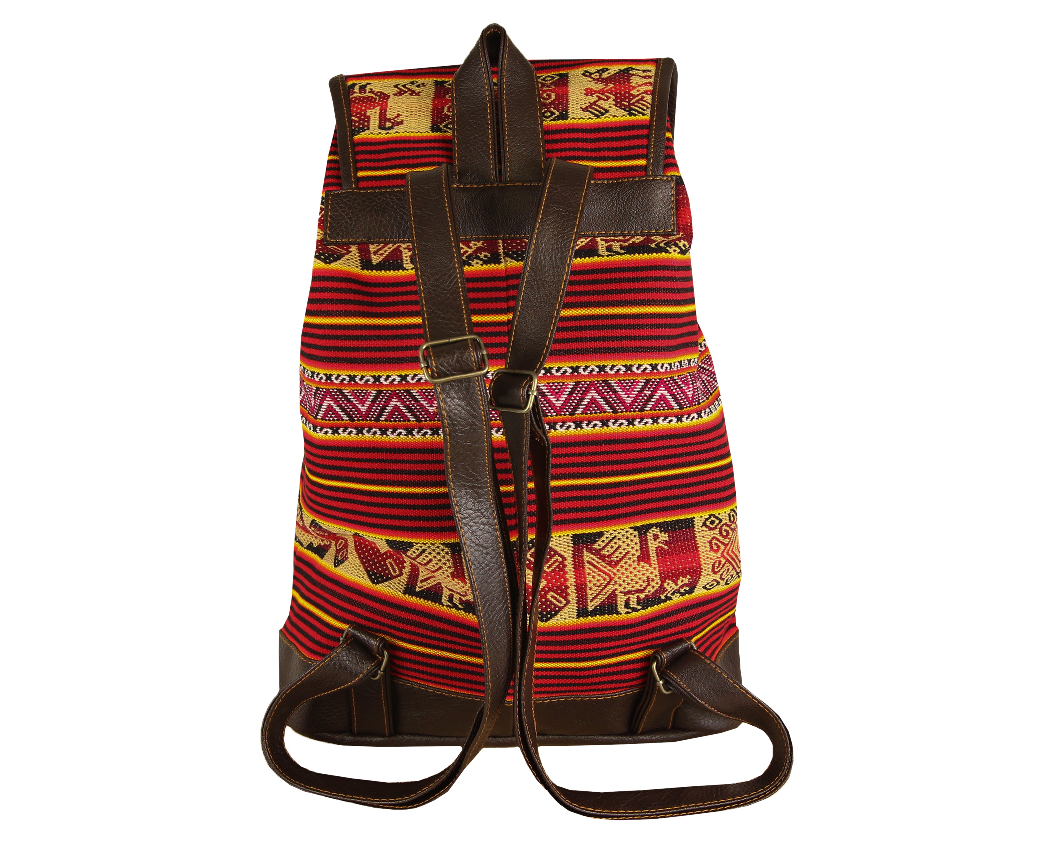 Ethno Rucksack Backpack aus Stoff und Leder Peru Hippie Boho Aguayo Inka Dunkelrot