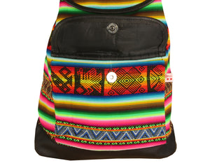 Ethno Rucksack Backpack aus Stoff und Leder Peru Hippie Boho Aguayo Inka Grün