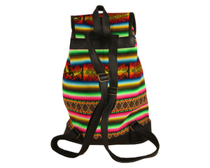 Ethno Rucksack Backpack aus Stoff und Leder Peru Hippie Boho Aguayo Inka Grün